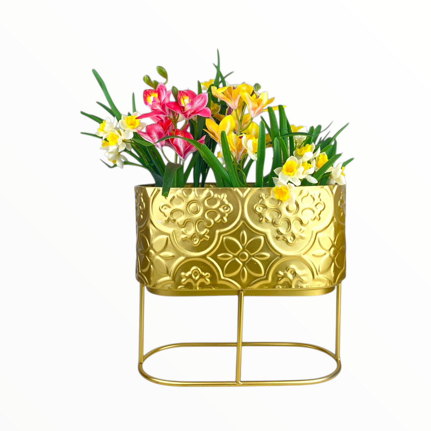 Gold Embossed Metal Planter with Stand