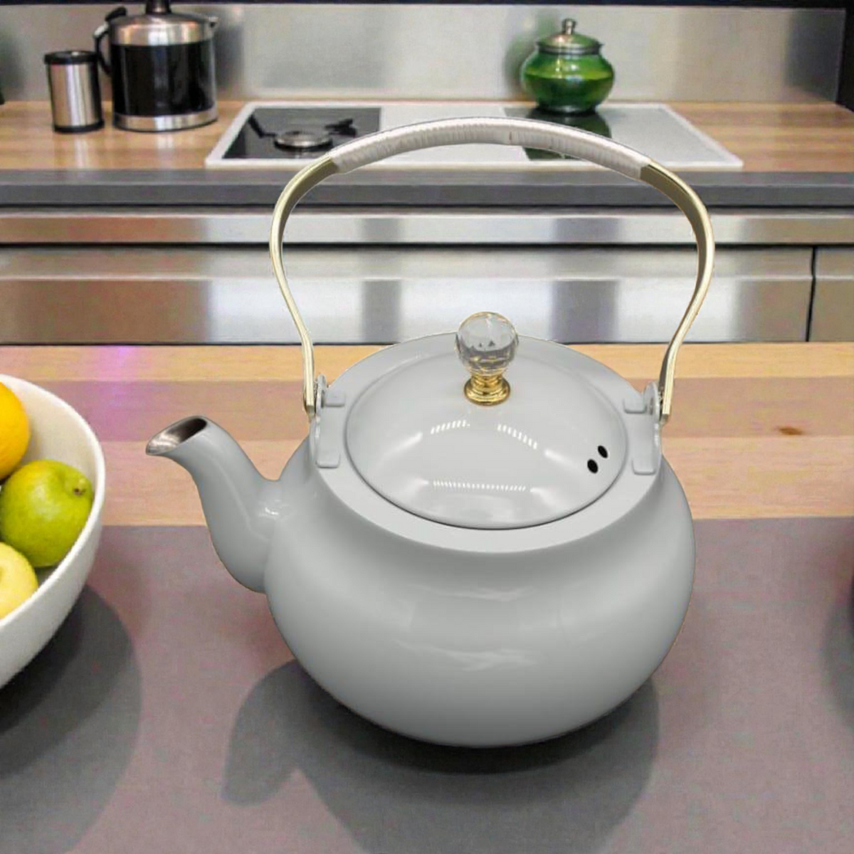 Grey Ceramic Teapot with Gold Handle – Elegant Tea Serving Pot 2 litre