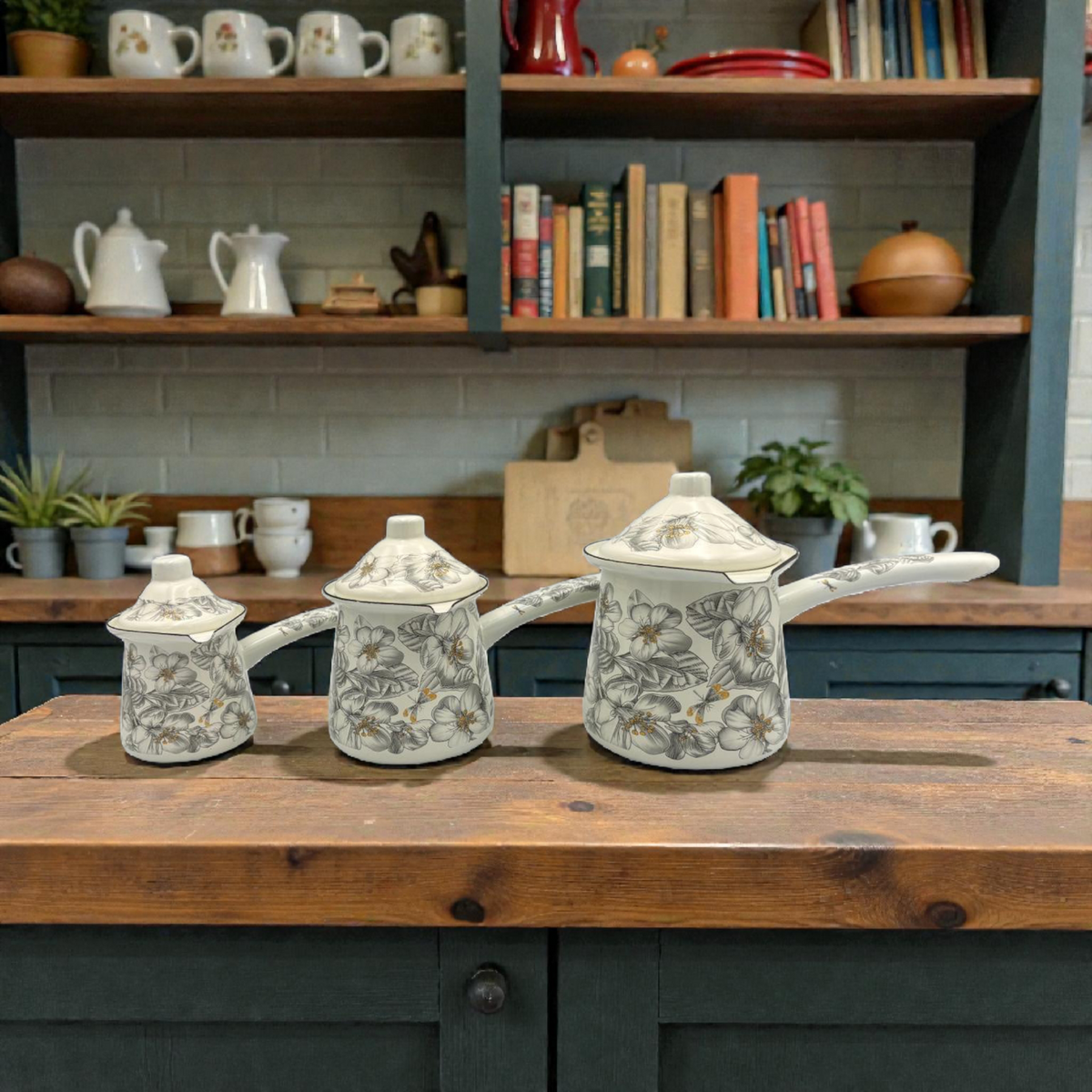 Grey Floral Enamel Turkish Coffee Pot Set – 3 Sizes with Lid
