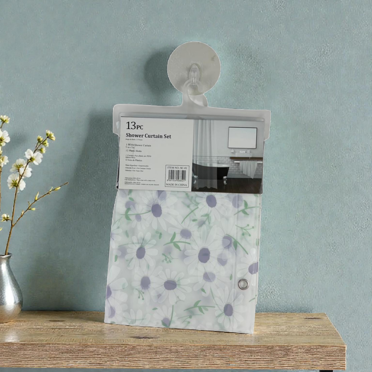 Daisy Floral Shower Curtain – Waterproof PVC Curtain with 12 Hooks