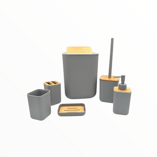 Bathroom Accessories Set – Grey Bathroom Set with Bamboo Details (6 Pieces)