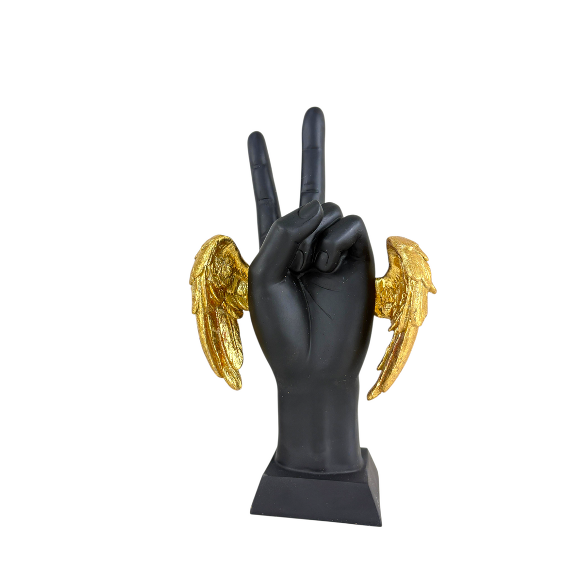 Angel Hand Gesture Sculptures – Black & Gold Decorative Hand Figurine Set with Golden Wings (Set of 2)