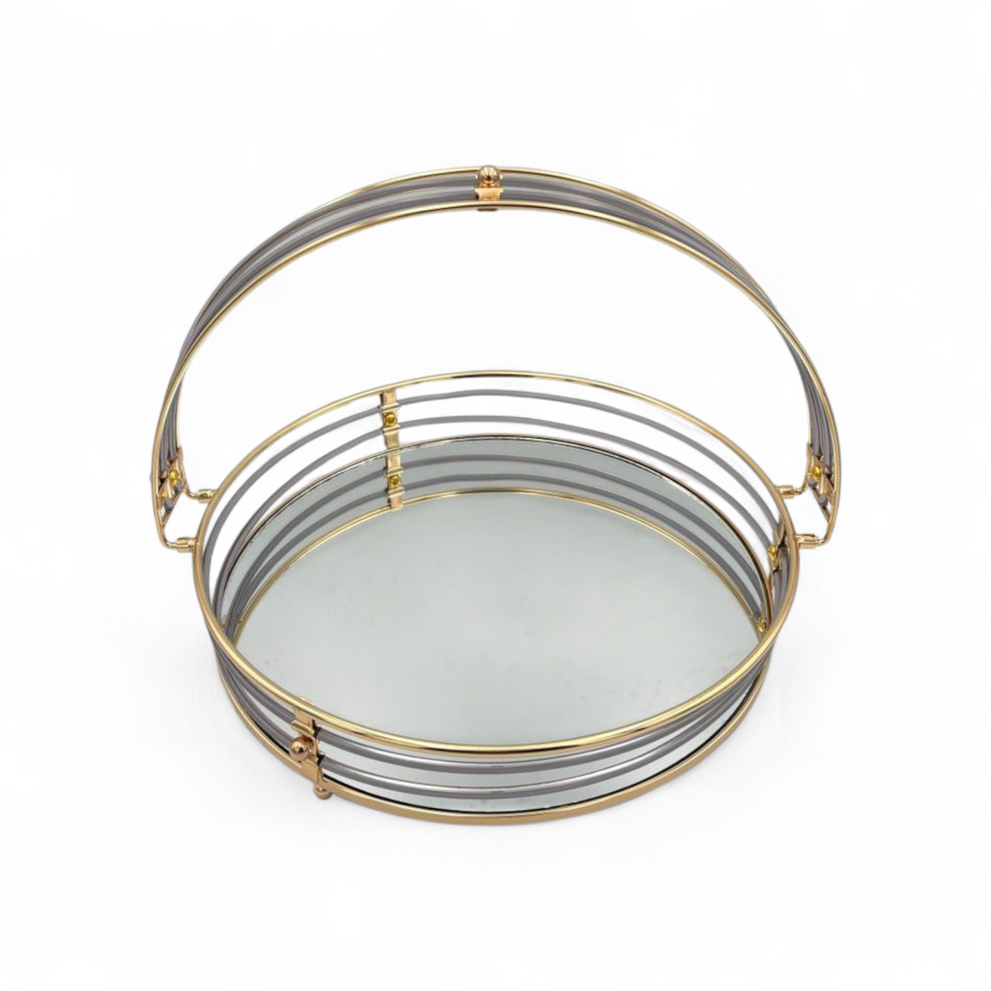 Gold Metal Serving Tray with Handle – Mirrored Decorative Round Tray