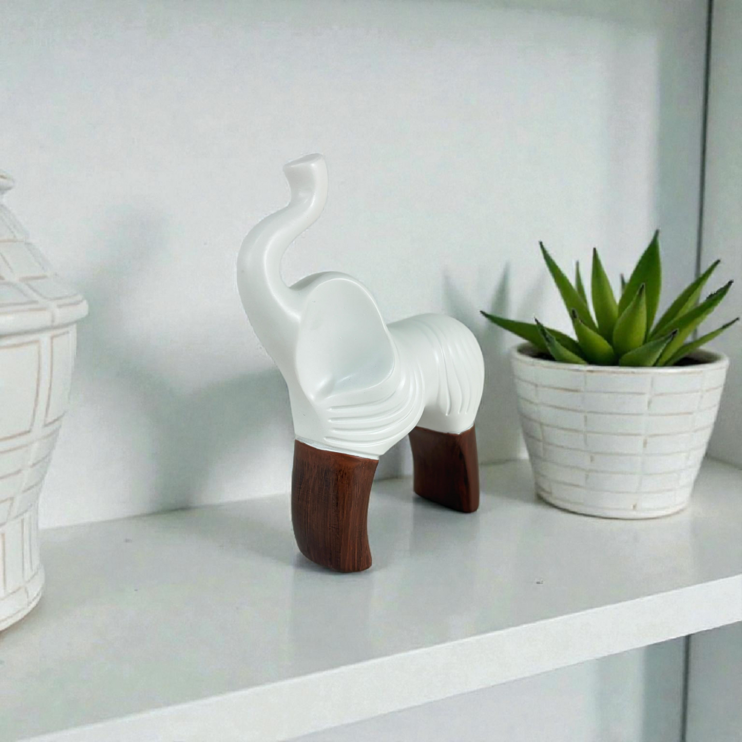 White Abstract Animal Figurine Modern Resin Décor with Wooden Leg- small