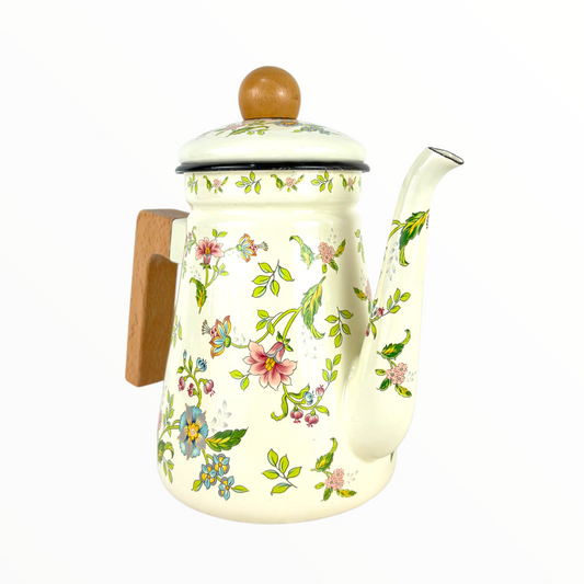 Floral Enamel Tea & Coffee Pot – Vintage Cream Kettle with Wooden Handle