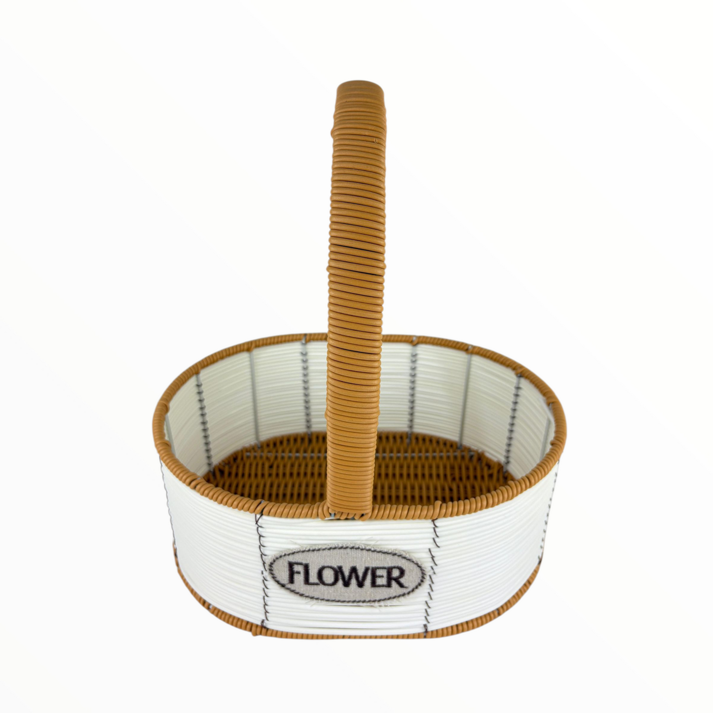 Big Oval Flower Basket with Handle – Decorative White & Brown Woven Organizer