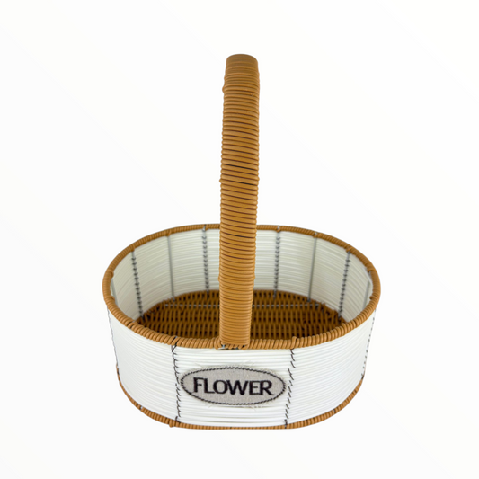 Medium Oval Flower Basket with Handle – Decorative White & Brown Woven Organizer