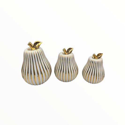 White & Gold Ribbed Pear Decor Set – Luxury Ceramic Decorative Pears (Set of 3)