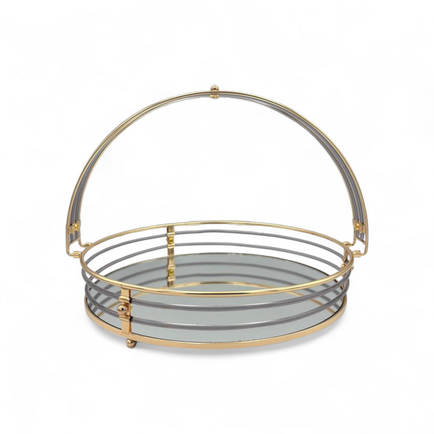 Gold Metal Serving Tray with Handle – Mirrored Decorative Round Tray