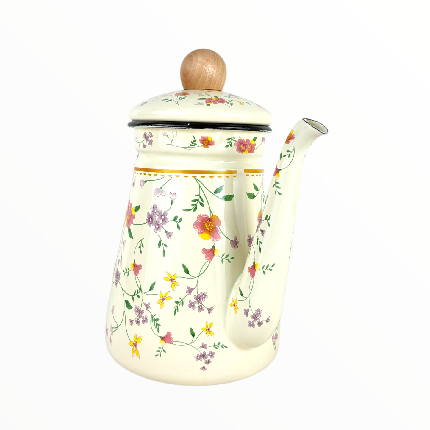 Floral Enamel Tea & Coffee Pot – Vintage Cream Kettle with Wooden Handle