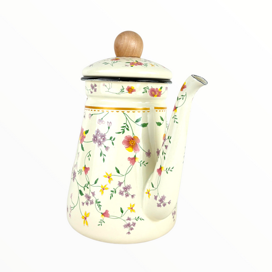 Floral Enamel Tea & Coffee Pot – Vintage Cream Kettle with Wooden Handle