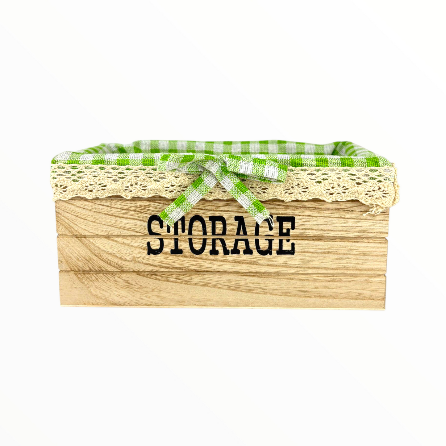 Big Rectangular Wooden Storage Baskets with Green Gingham Lining