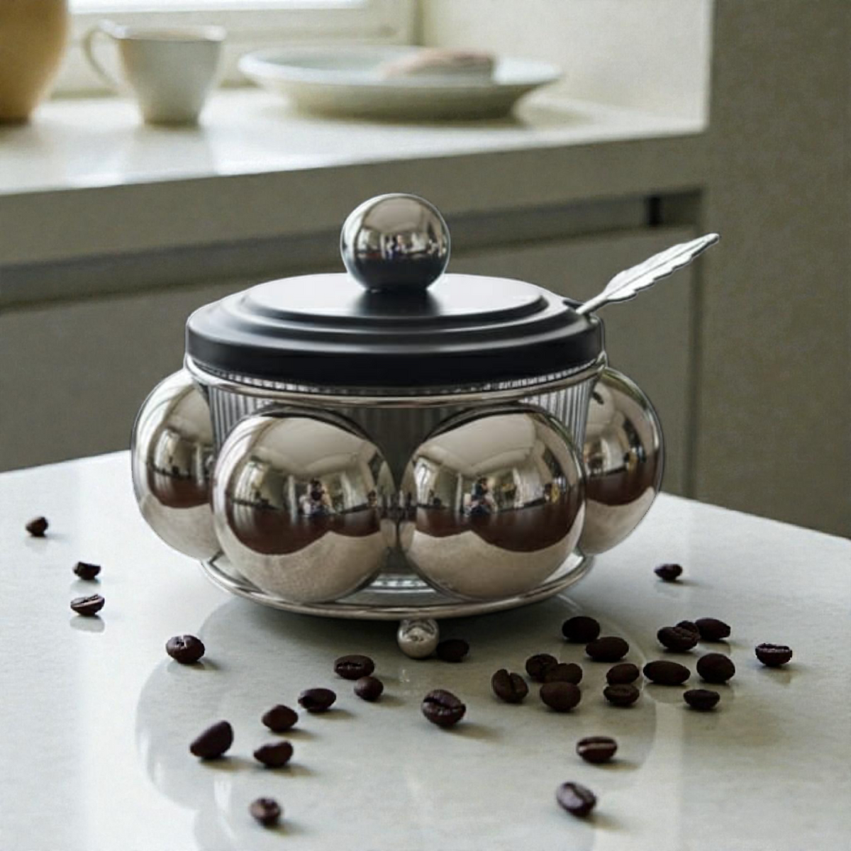 Luxury Glass Sugar Bowl with Spoon – Modern Silver Kitchen & Table Décor