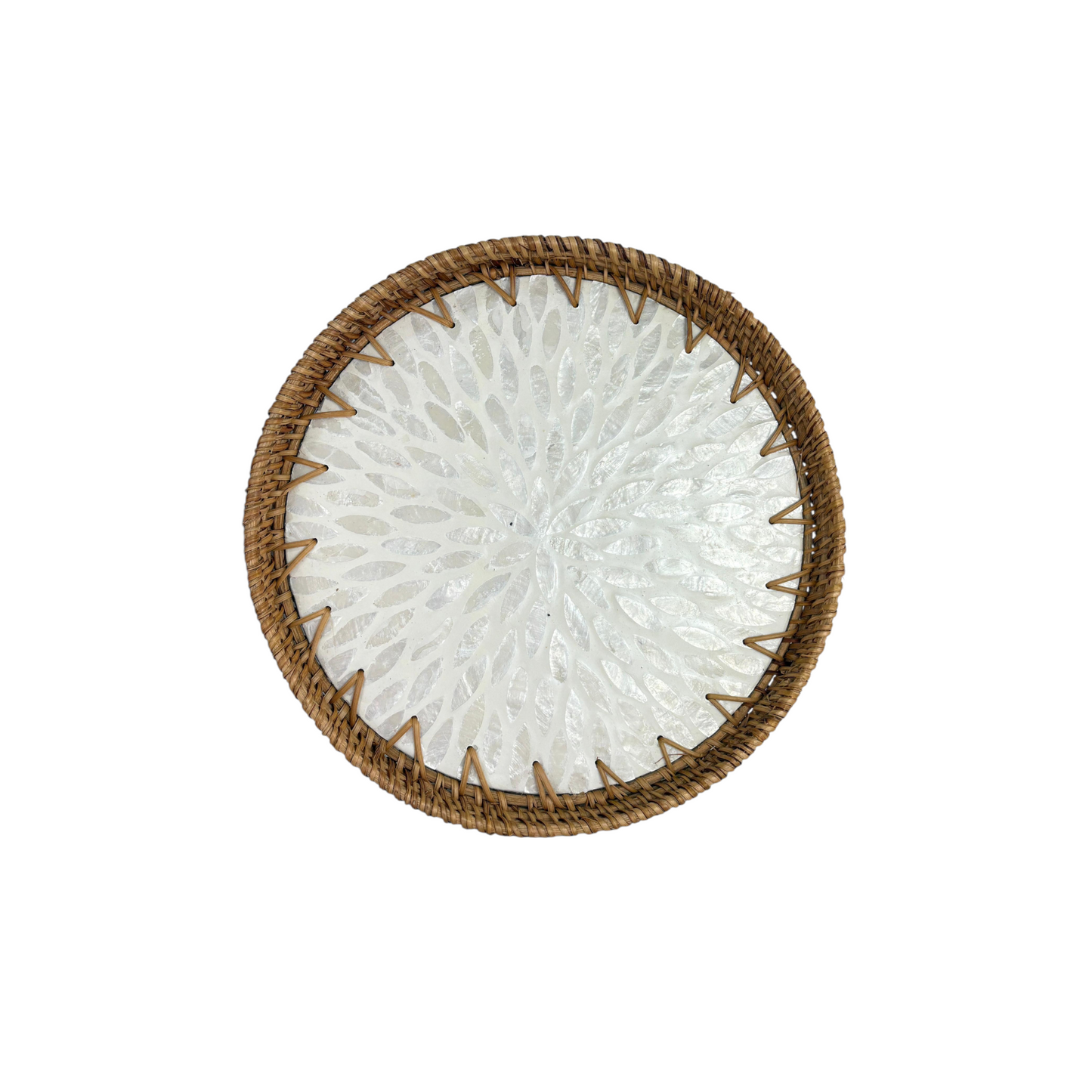 Round white Floral Mosaic Woven Tray Set – Handcrafted Boho Serving & Decorative Trays (Set of 2)