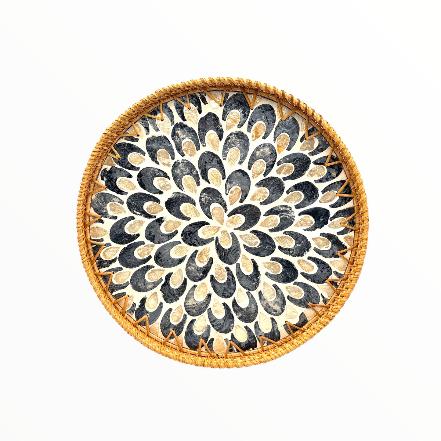 Round Rattan Serving Tray with Mosaic Pattern – Handcrafted Décor Tray