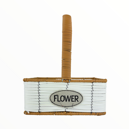 Big Rectangular Flower Basket with Handle – White & Brown Woven Decorative Organizer
