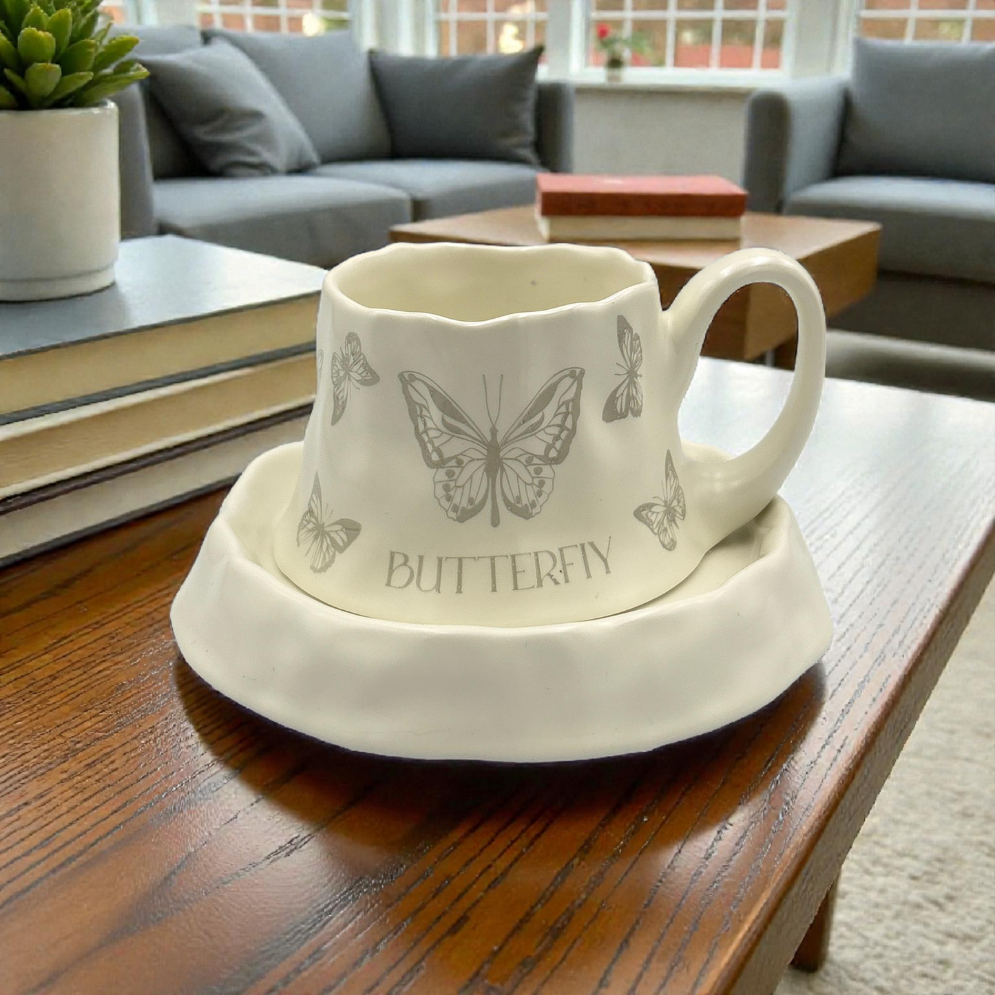 Butterfly Ceramic Cup and Saucer – Cream Decorative Coffee Cup