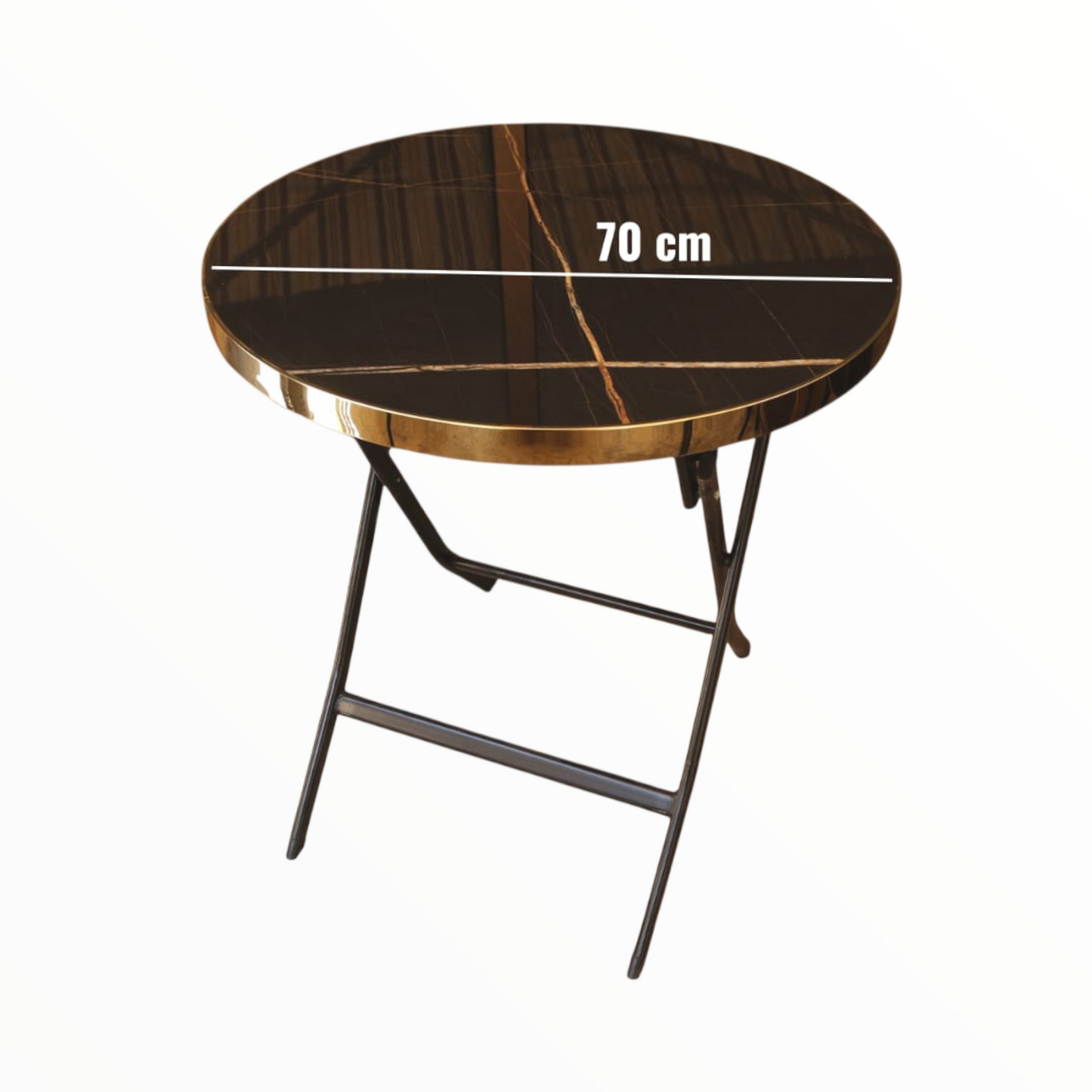 Round Folding Side Table 70 cm – brown Marble Top with Gold Trim