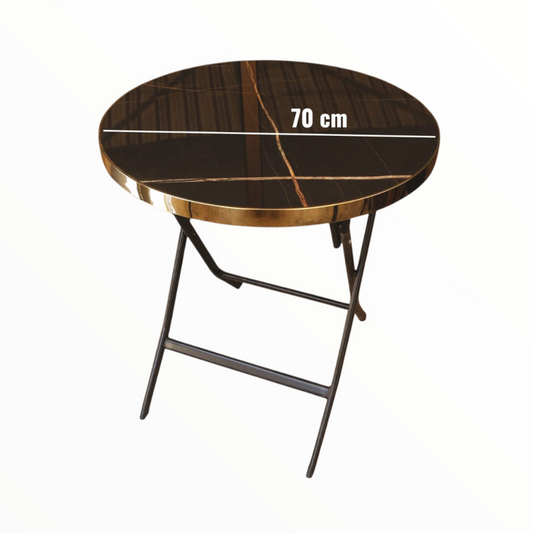 Round Folding Side Table 70 cm – brown Marble Top with Gold Trim