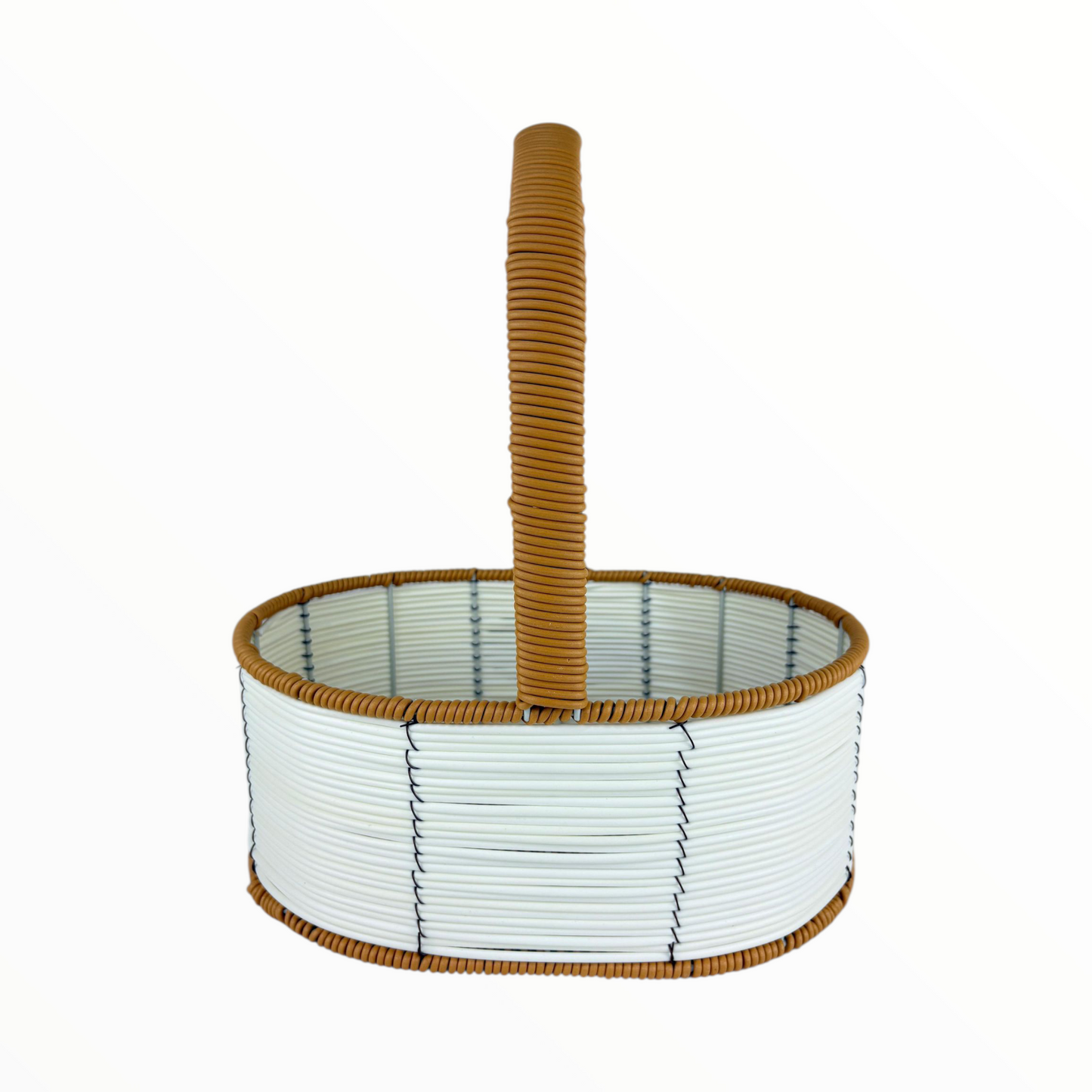 Big Oval Flower Basket with Handle – Decorative White & Brown Woven Organizer