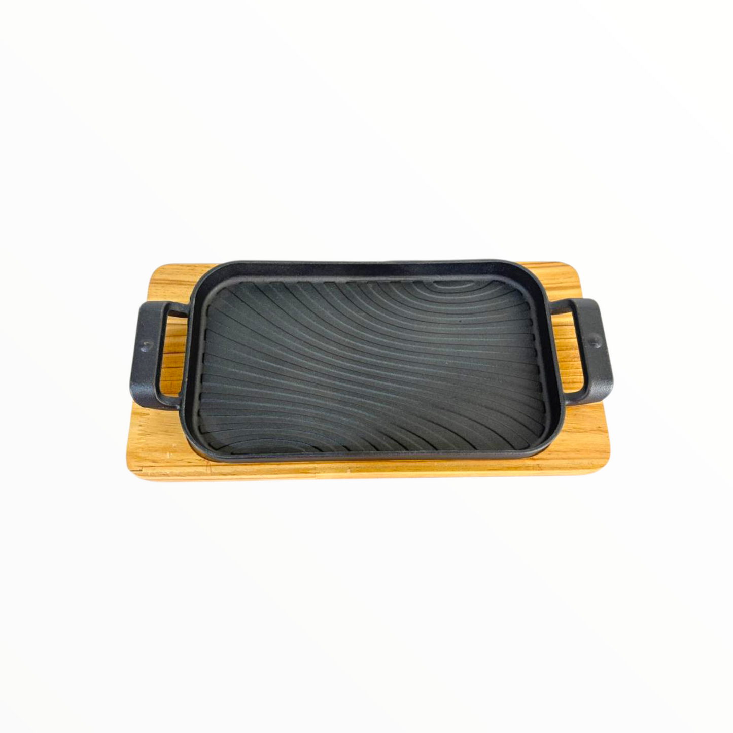 Rectangular Cast Iron Grill Pan with Wooden Serving Board – Pre-Seasoned Sizzling Tray