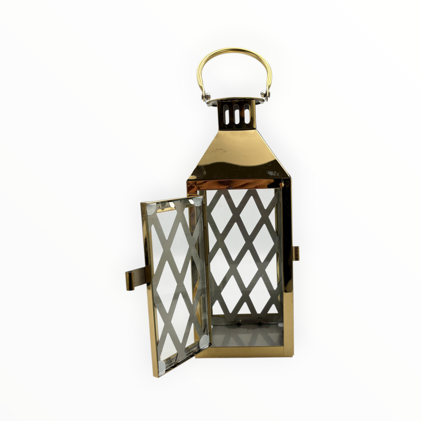 Gold Metal Decorative Lantern with Diamond Pattern – Indoor & Outdoor Candle Holder
