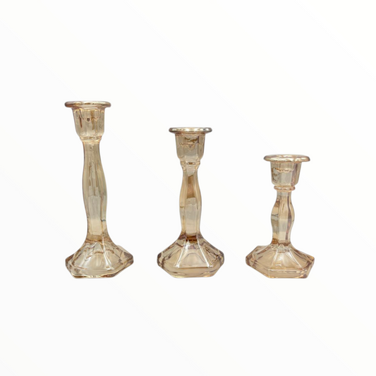 Amber Glass Candle Holders Set of 3 – Elegant Decorative Candlesticks
