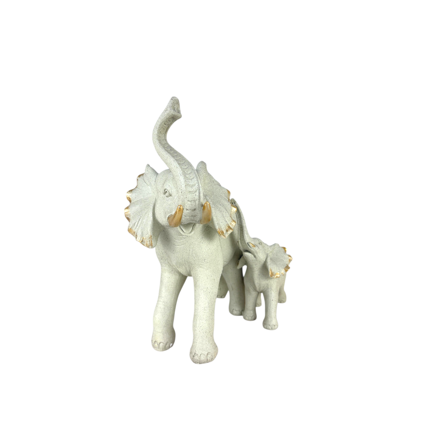 Mother & Baby Elephant Figurine – Stone-Effect Sculpture with Gold Accents for Home Décor