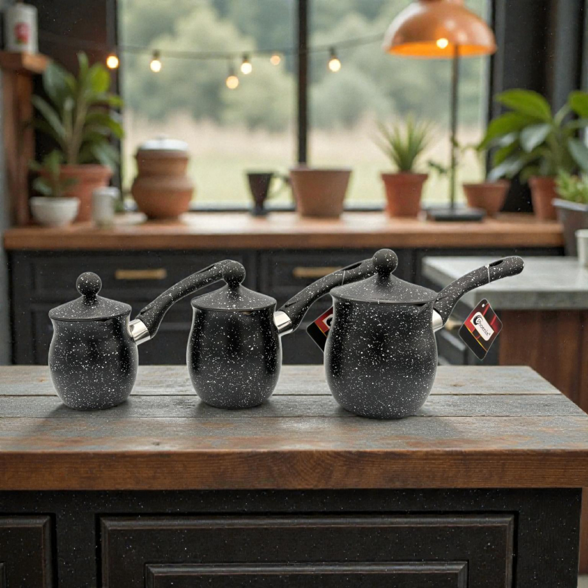 Granite Black Turkish Coffee Pot Set (Cezve) – 3 Sizes with Lid
