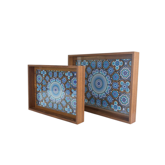 Moroccan Mosaic Wooden Decorative Tray Set – Blue Geometric Tile Pattern (Set of 2)