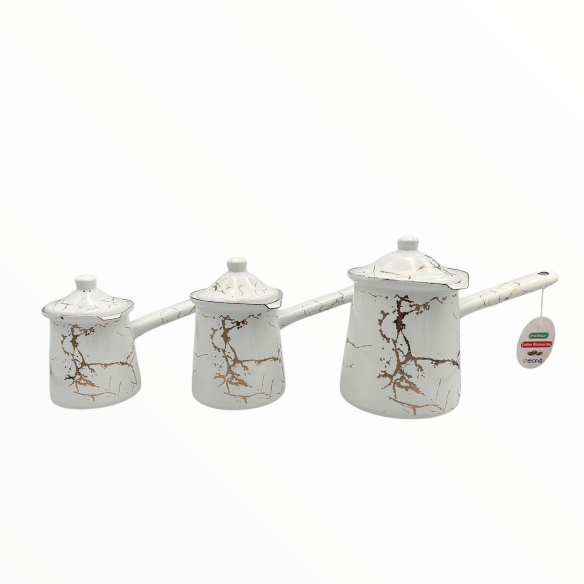 White Marble Enamel Turkish Coffee Pot Set  – 3 Sizes with Lid
