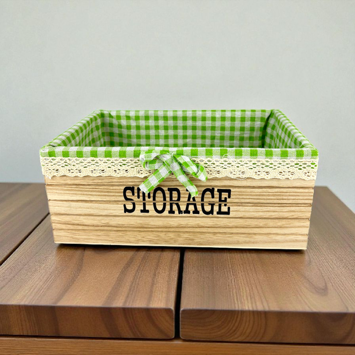 Wooden Storage Basket with Green Gingham Fabric – Decorative Organizer Box