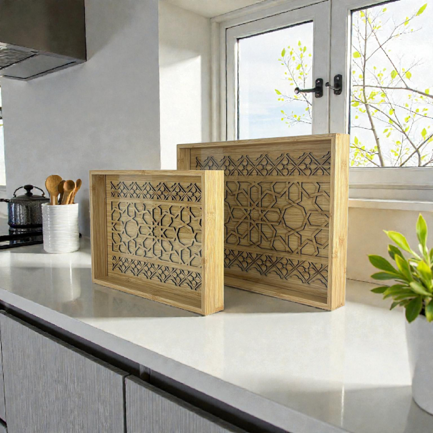 Hand-Carved Wooden Decorative Tray Set – Geometric Oriental Pattern Home Décor (Set of 2)