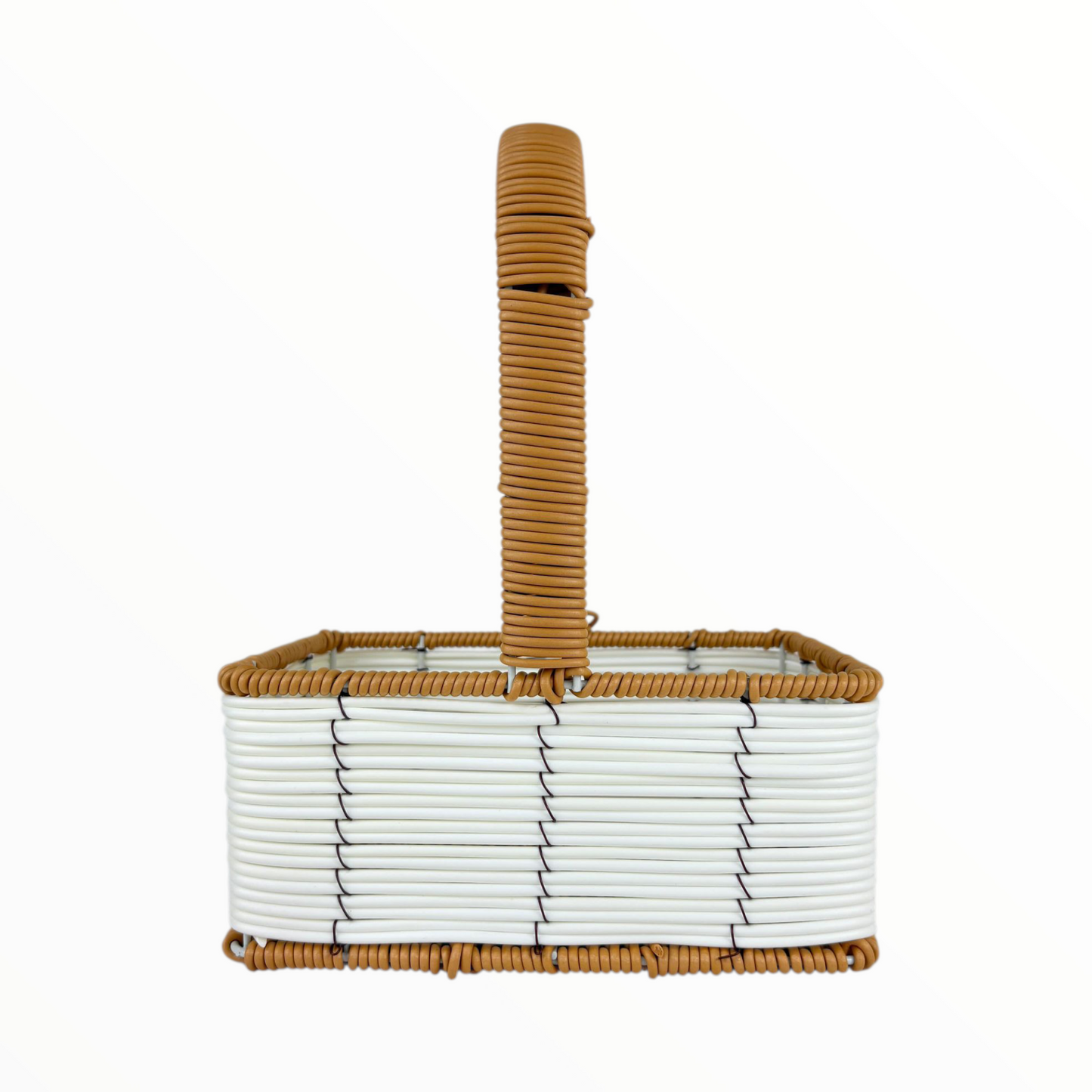 Big Rectangular Flower Basket with Handle – White & Brown Woven Decorative Organizer
