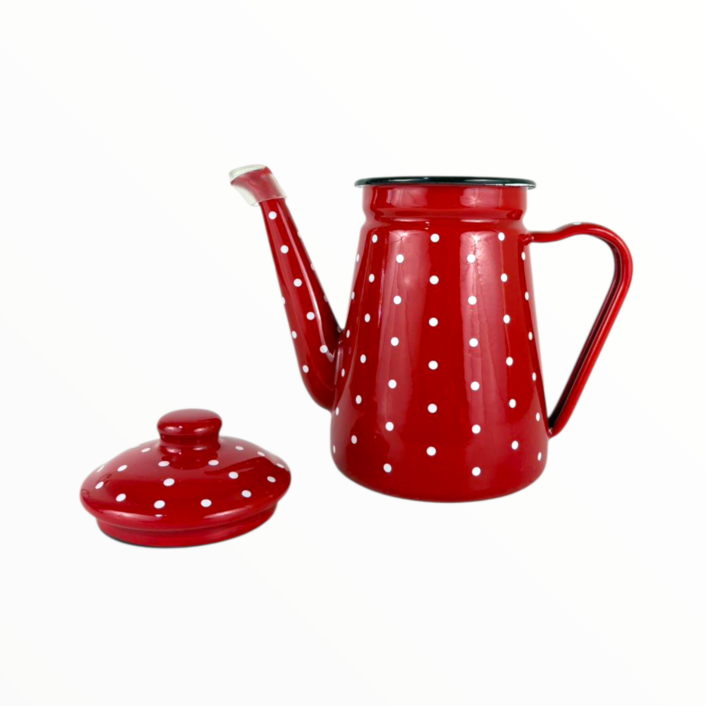 Red Enamel Polka Dot Tea & Coffee Pot – Vintage Metal Kettle with Lid