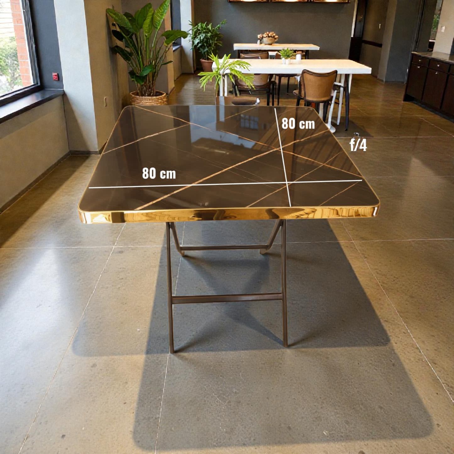 Square Folding Table 80 cm – brown Marble Effect with Gold Edge