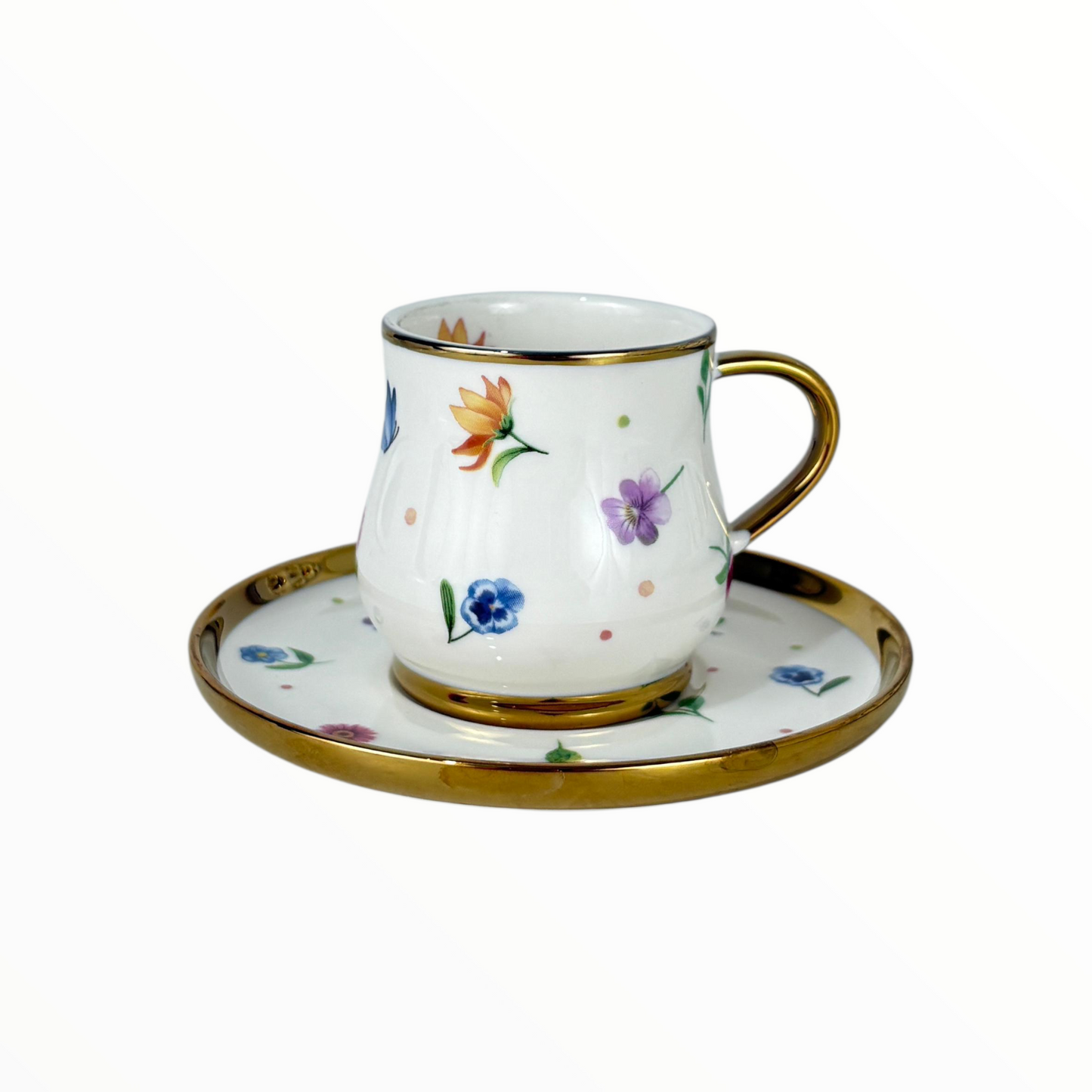 Elegant Floral Coffee Cup & Saucer Set – 12 Porcelain Cups with Gold Handles