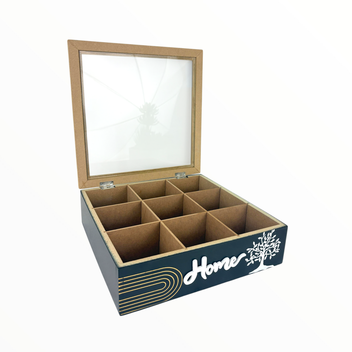Wooden Organizer Box with 9 Compartments – “Home” Design with Glass Lid & Tree Artwork