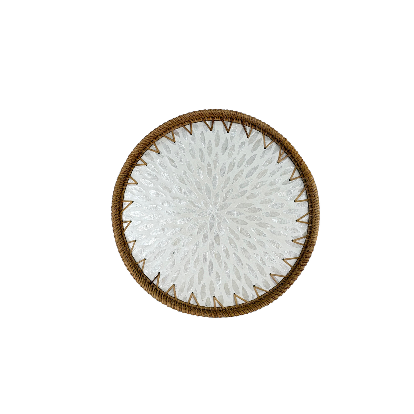 Round white Floral Mosaic Woven Tray Set – Handcrafted Boho Serving & Decorative Trays (Set of 2)