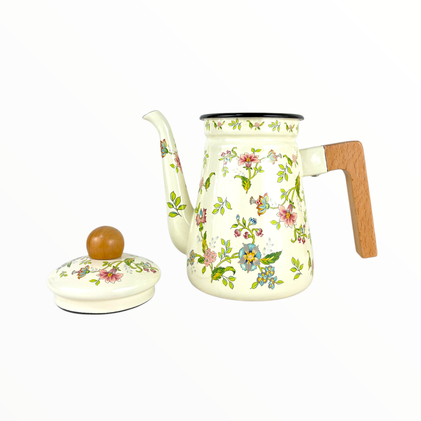 Floral Enamel Tea & Coffee Pot – Vintage Cream Kettle with Wooden Handle