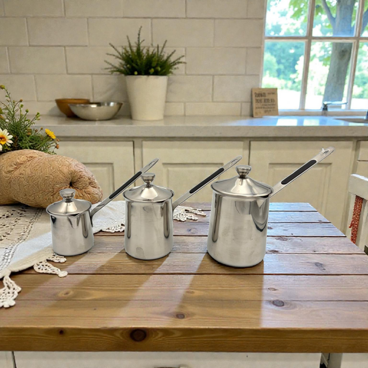 Stainless Steel Turkish Coffee Pot Set  – 3 Sizes with Heat-Resistant Handle