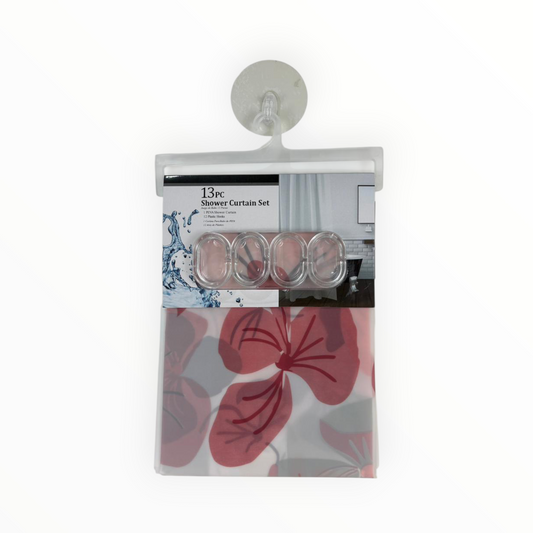 Red Floral Shower Curtain  – Waterproof PVC Curtain with 12 Hooks