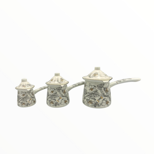 Grey Floral Enamel Turkish Coffee Pot Set – 3 Sizes with Lid