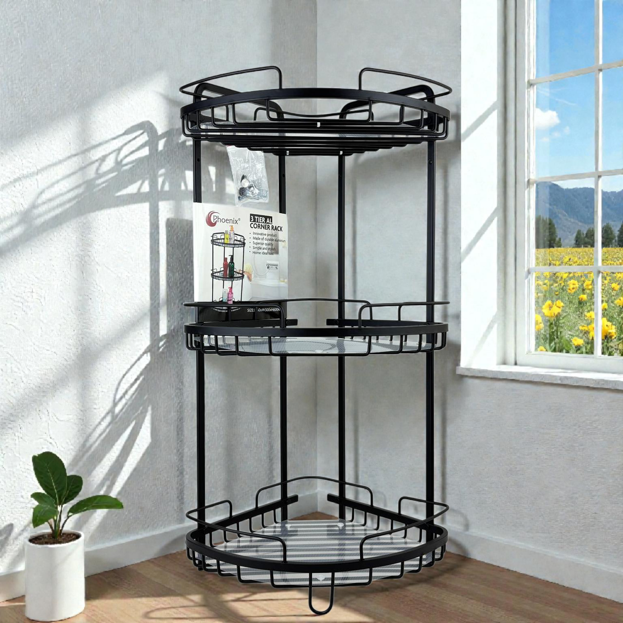 3-Tier Metal Corner Shower Rack | Tall Black Bathroom organizer stand