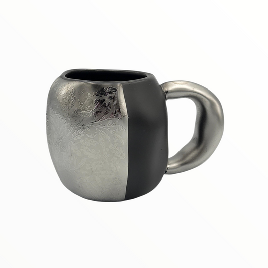 Two-Tone Ceramic Mug – Black and Silver Floral Coffee Mug 350ml