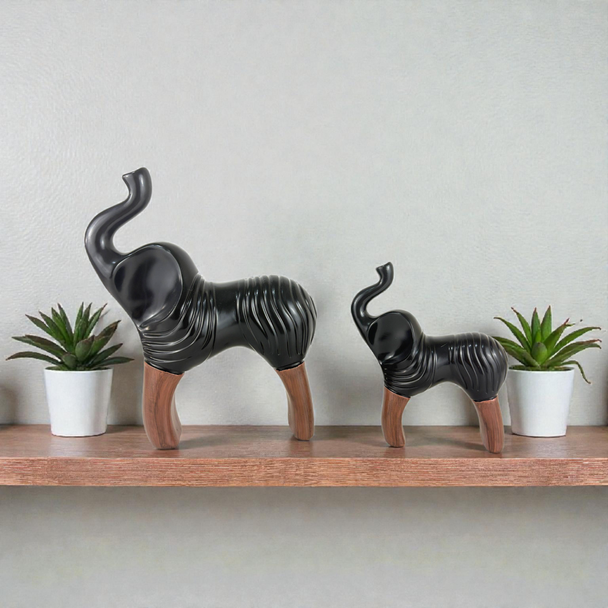 Black Abstract Animal Figurine Set – Modern Resin Décor with Wooden Legs (2 Pieces)