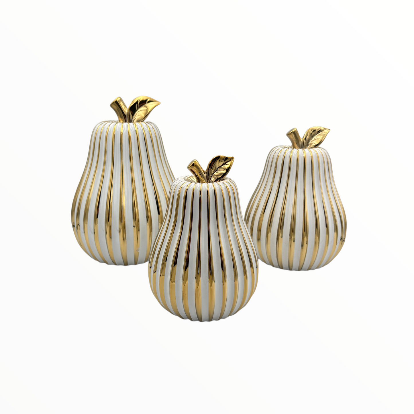 White & Gold Ribbed Pear Decor Set – Luxury Ceramic Decorative Pears (Set of 3)