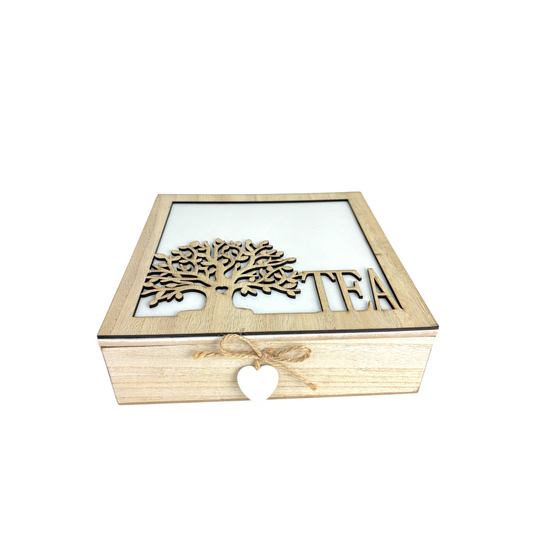 Wooden Tea Box Organizer with Tree Design & Heart Detail – 6-Compartment Tea Storage