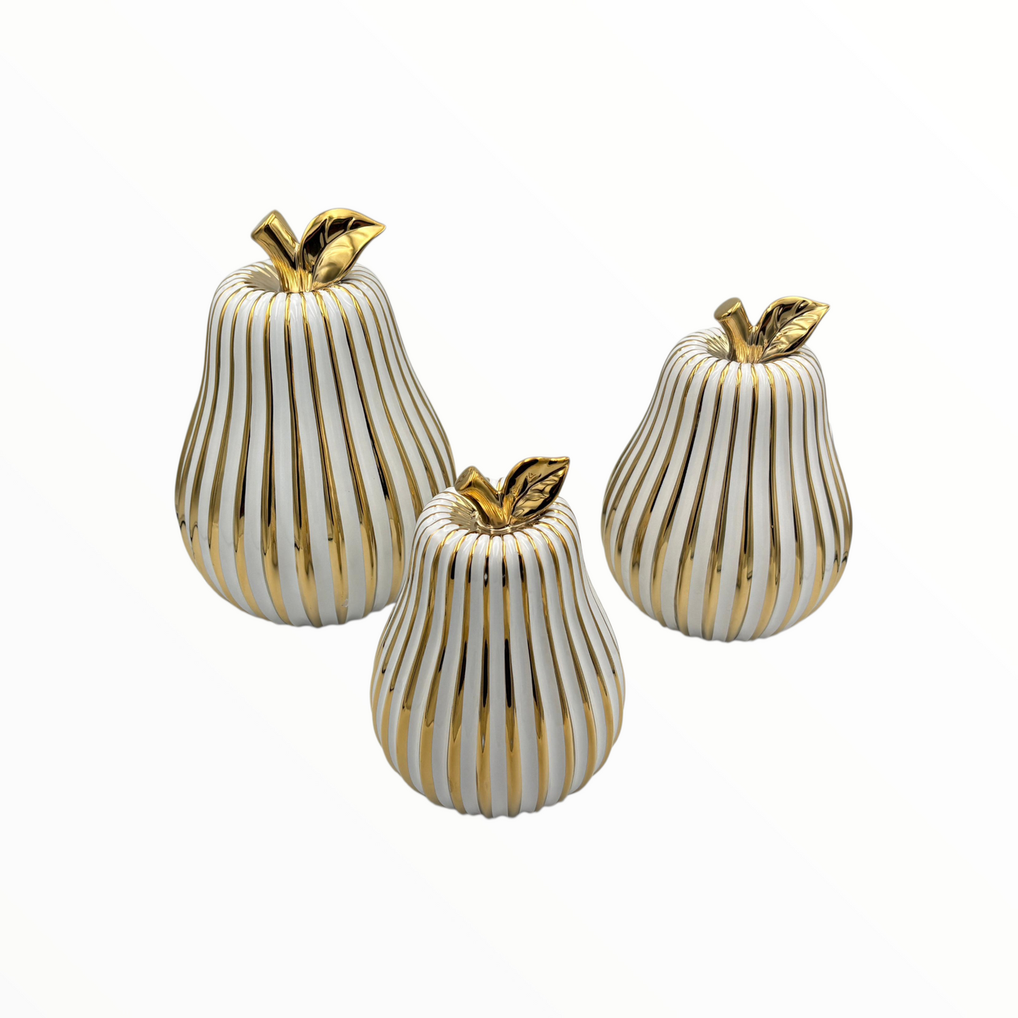 White & Gold Ribbed Pear Decor Set – Luxury Ceramic Decorative Pears (Set of 3)