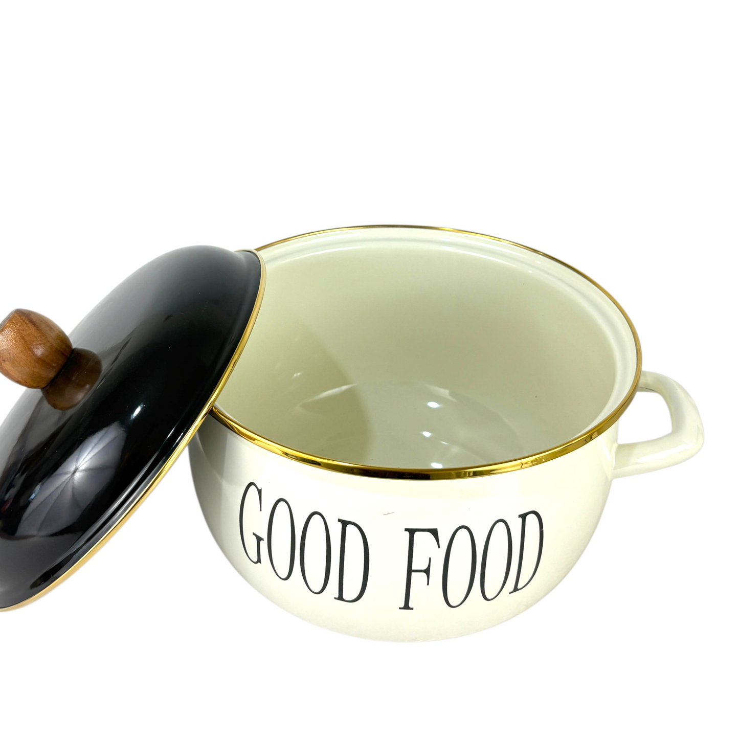 Good food  Enamel Cooking Pot – Cream Soup Pot with Black Lid & Wooden Knob